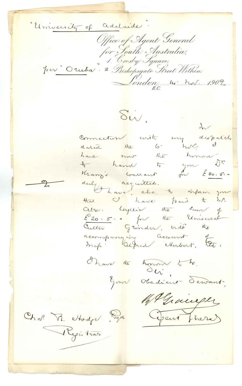 Henry Allerdale Grainger - The Agent General for SA - London - Has paid Dr Krantz and Mr Wyllies account