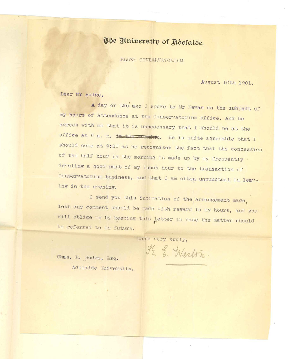 Mrs K E Weston - Conservatorium - Concerning hours of attendance at Conservatorium office