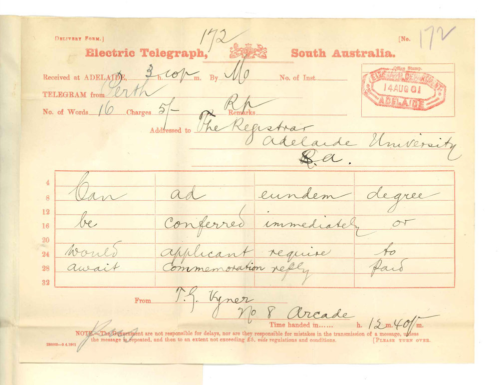 T G Vyner - Perth - Concerning admission Ad eundem gradum degree