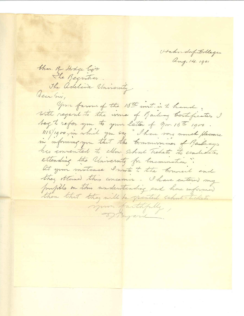 Douglas John Byard - Hahndorf College - Concerning railway certificates and University Examinations