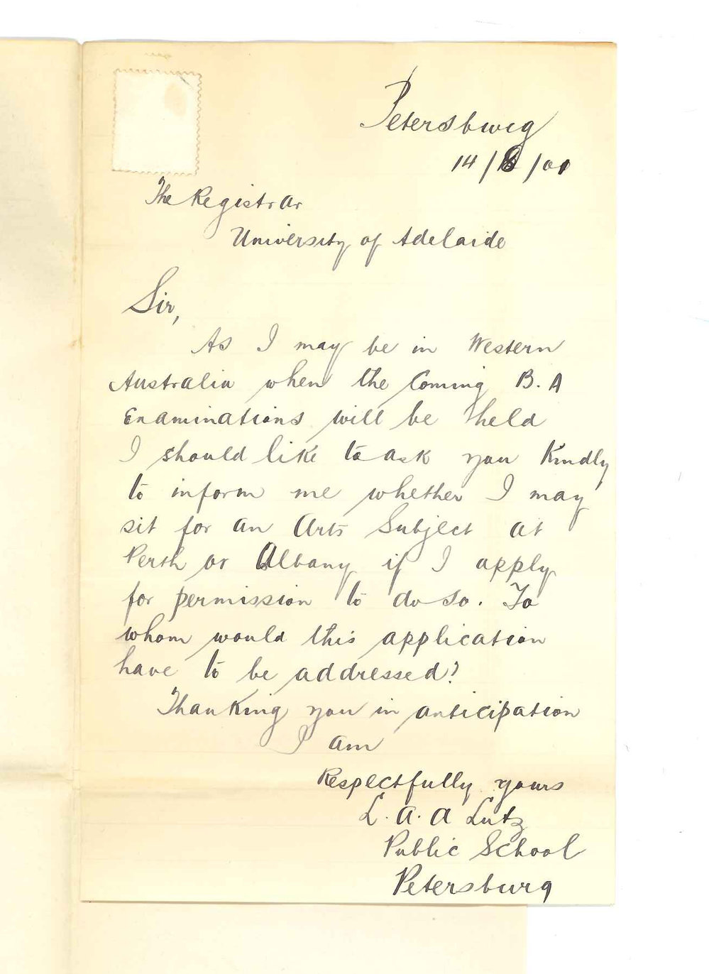 L A A Lutz - Petersburg Public School - Asking for permission to sit for Examination at Perth