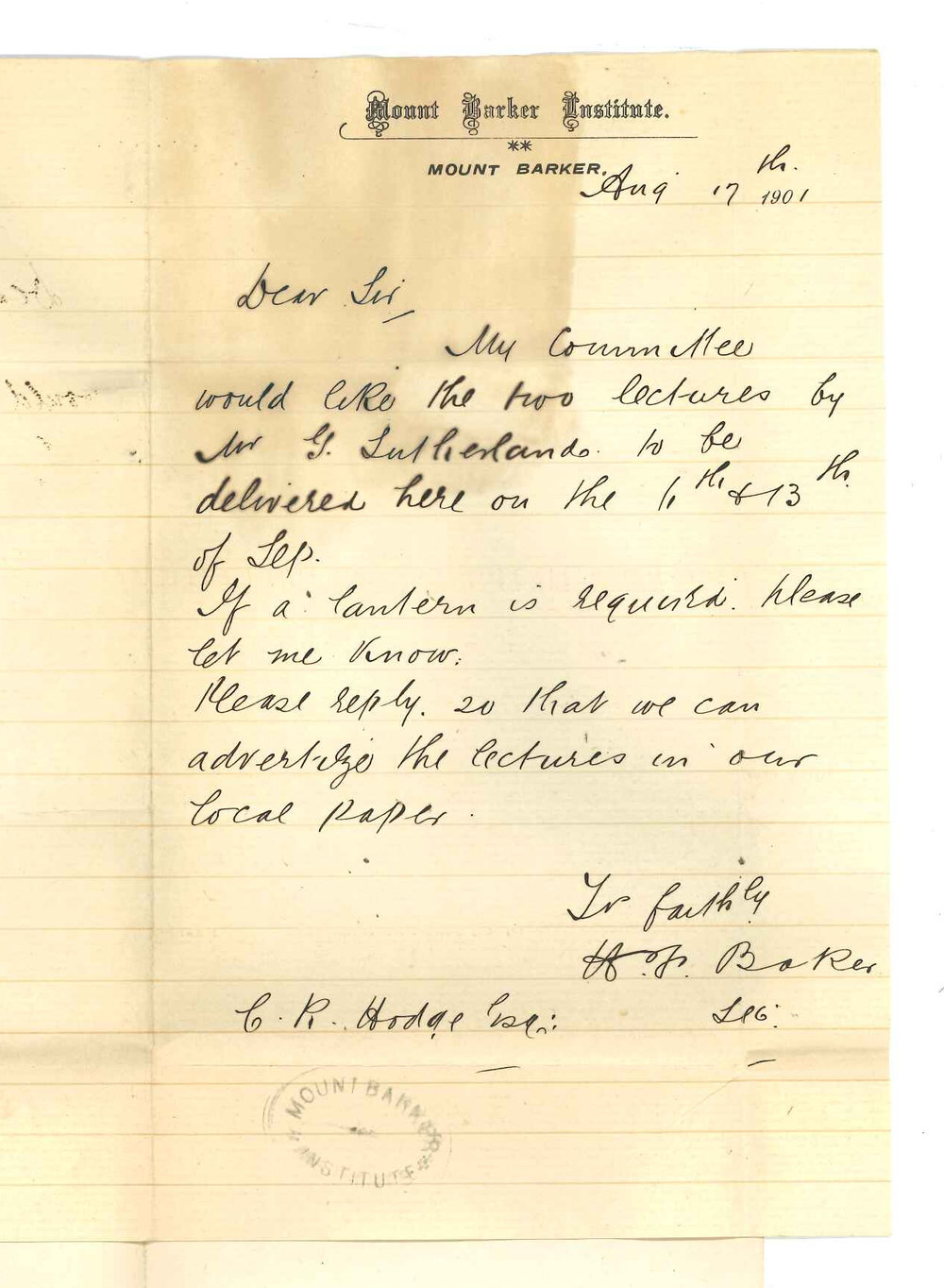 H F Baker - Mount Barker Institute - Concerning extension lectures