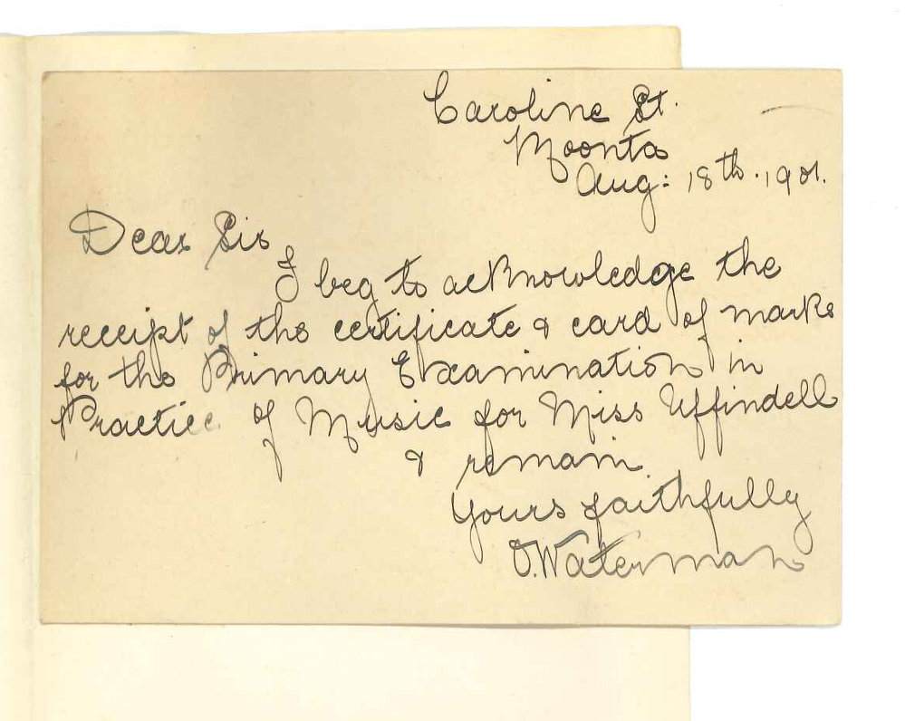 Miss O Waterman - Moonta - Acknowledging receipt of Certificates