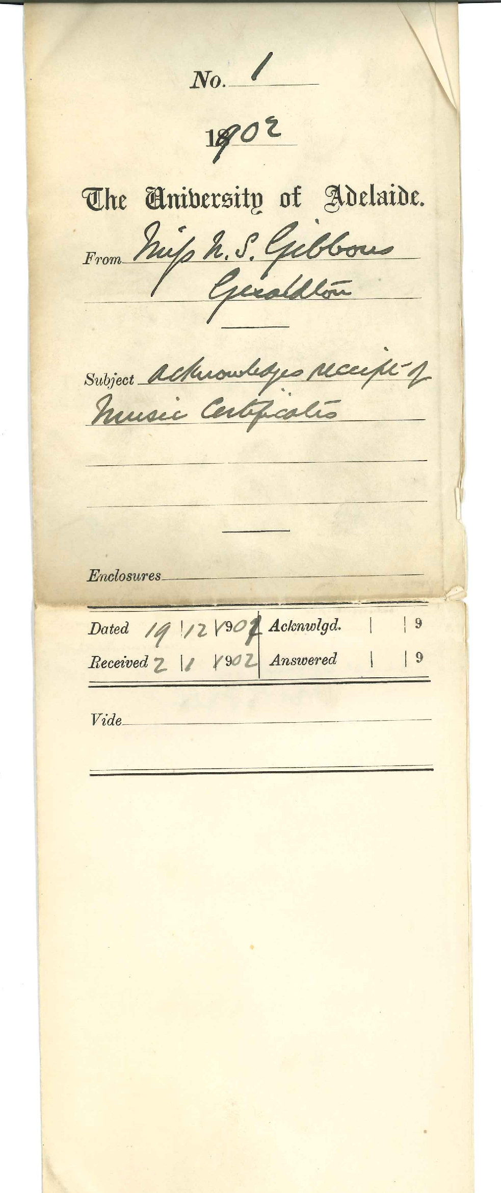 Miss Nelly Sydney Gibbons - Geraldton - Acknowledging receipt of Music Certificates