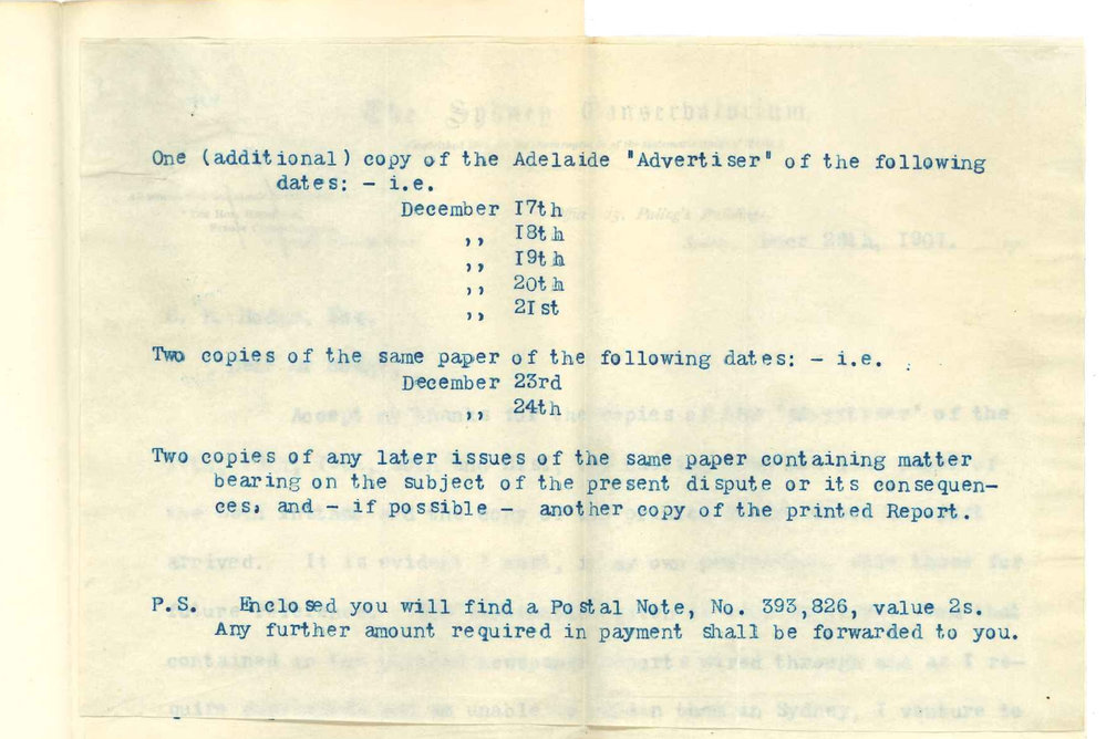 W H Wale - Sydney - Thanks for copies of the Advertiser