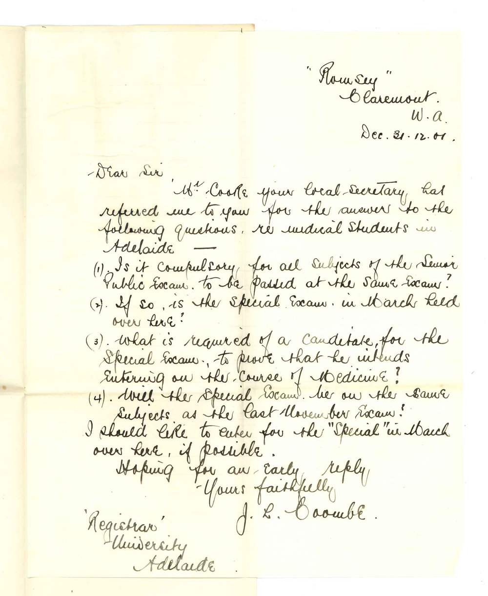 J R Coombe - Claremont WA - Medical Students and Senior Public Examination in March