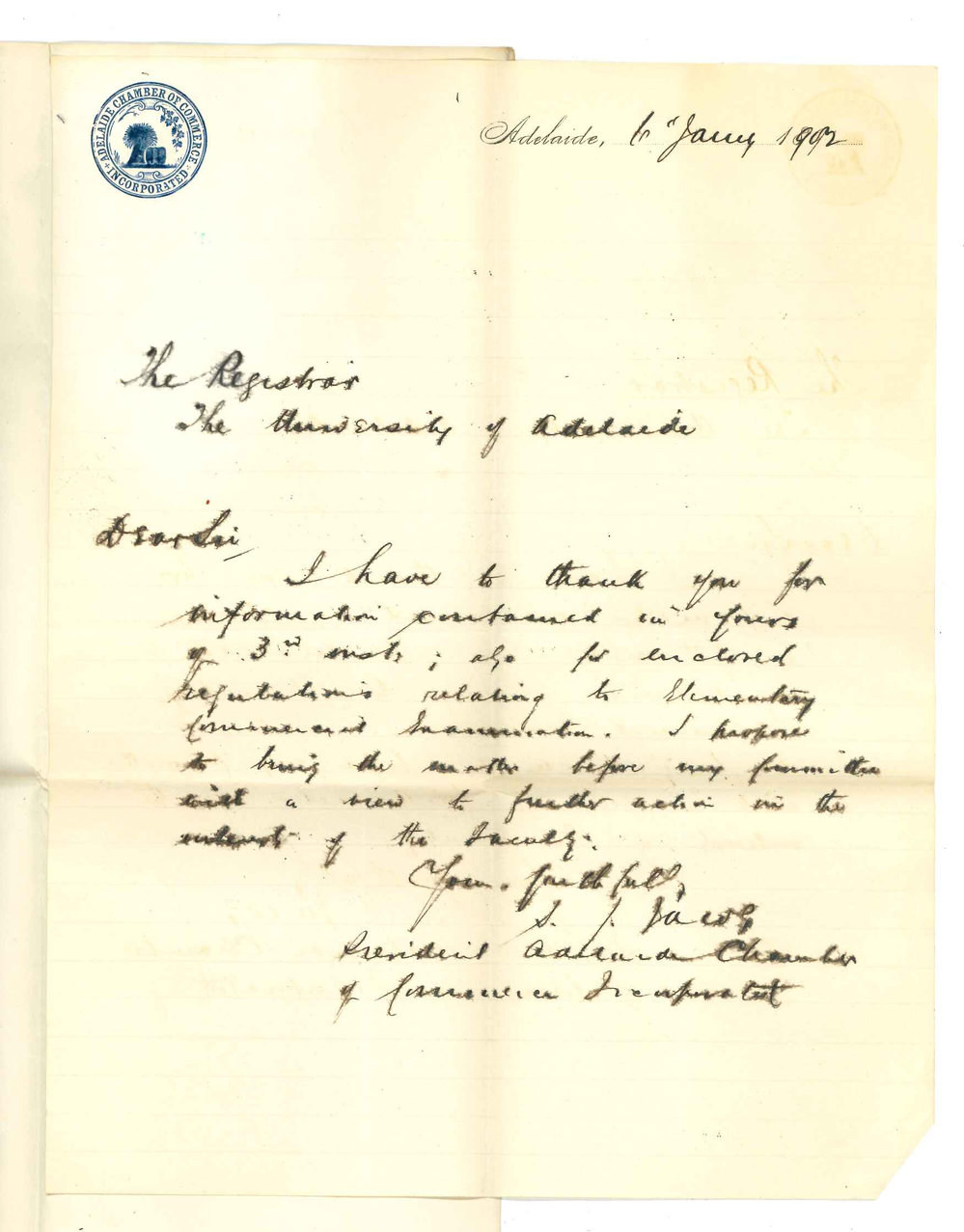 S J Jacobs - President Chamber of Commerce Adelaide - Receipt of Regulations for Elementary Commercial Exam