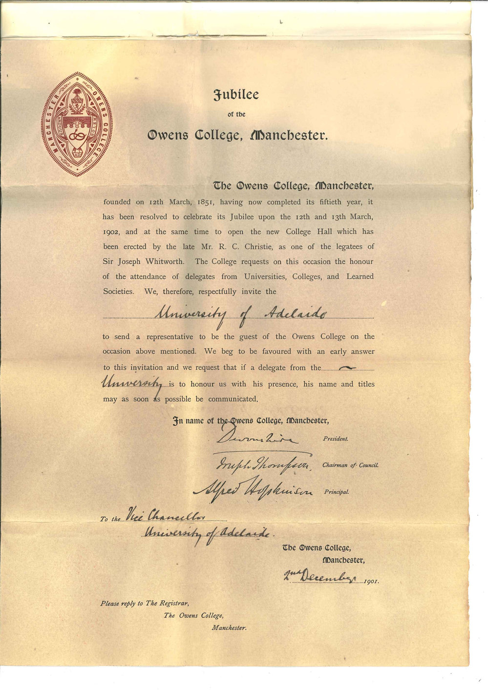 Owens College - Manchester - Invitation to send delegate to Jubilee