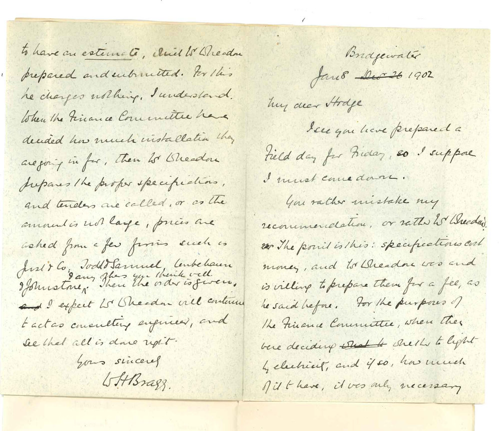 Professor William Henry Bragg - Bridgewater - Mr Wheadon and Installation for Electric Light