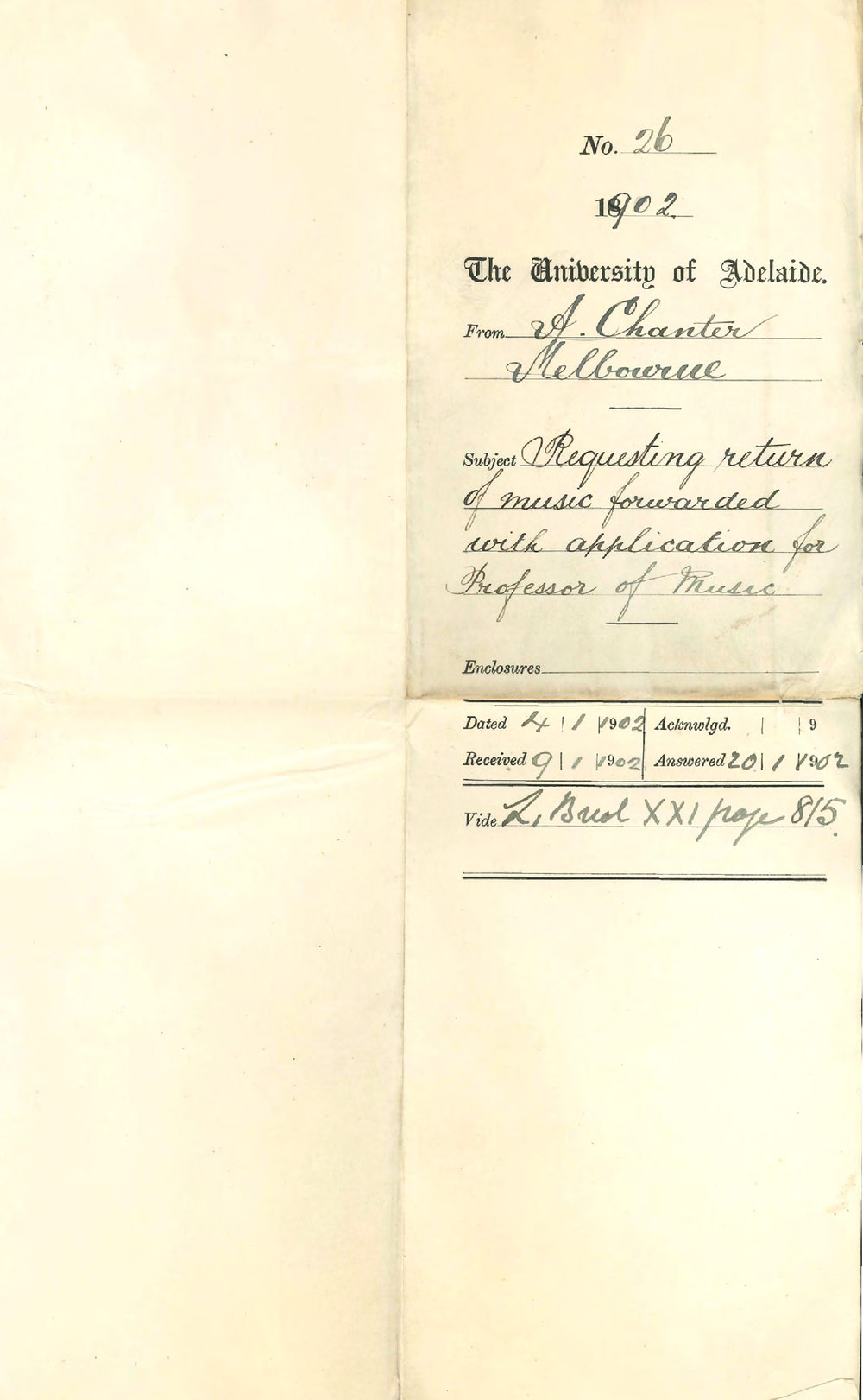 A Chanter - Melbourne - Requesting return of Music forwarded with application for Professor of Music