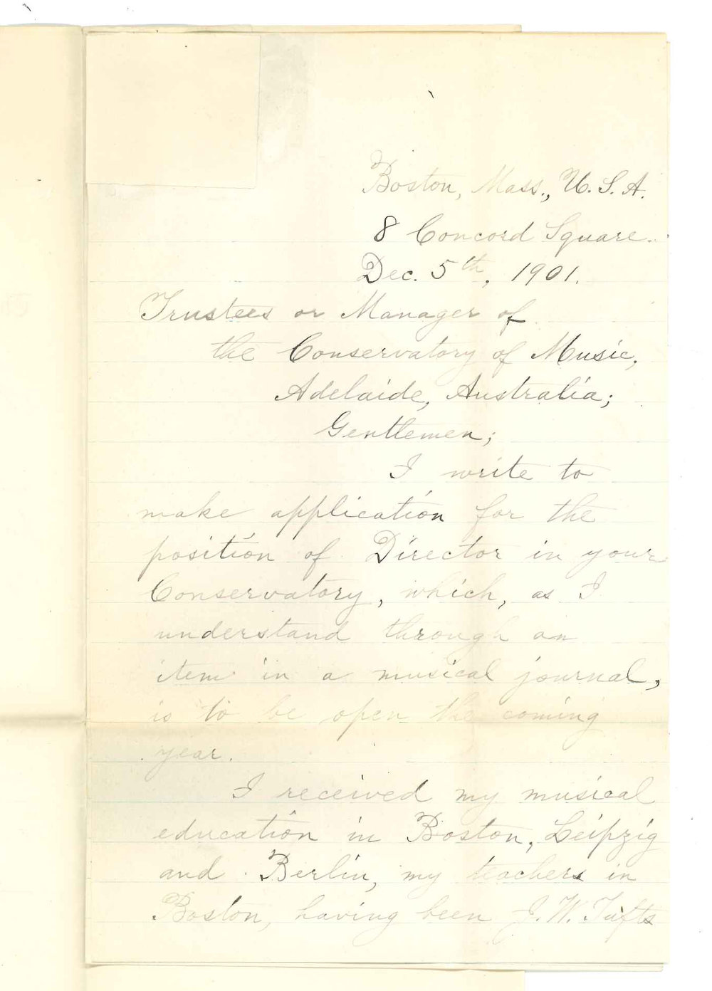 George Henry Howard - Boston USA - Application for Director of Conservatorium