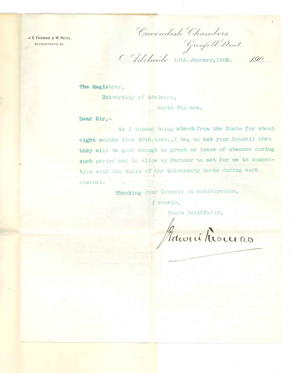 J Edwin Thomas - Adelaide - Advising leave of absence