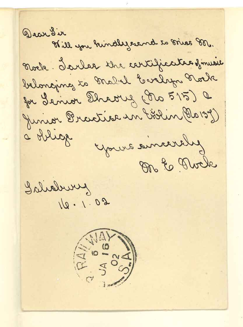 Mabel Evelyn Nock - Salisbury - Requesting Certificate for Senior Theory Exam