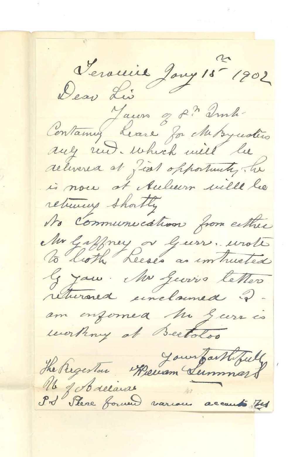William Summers - Terowie - Acknowledging receipt of Bywaters lease and concerning Gaffney and Gurr