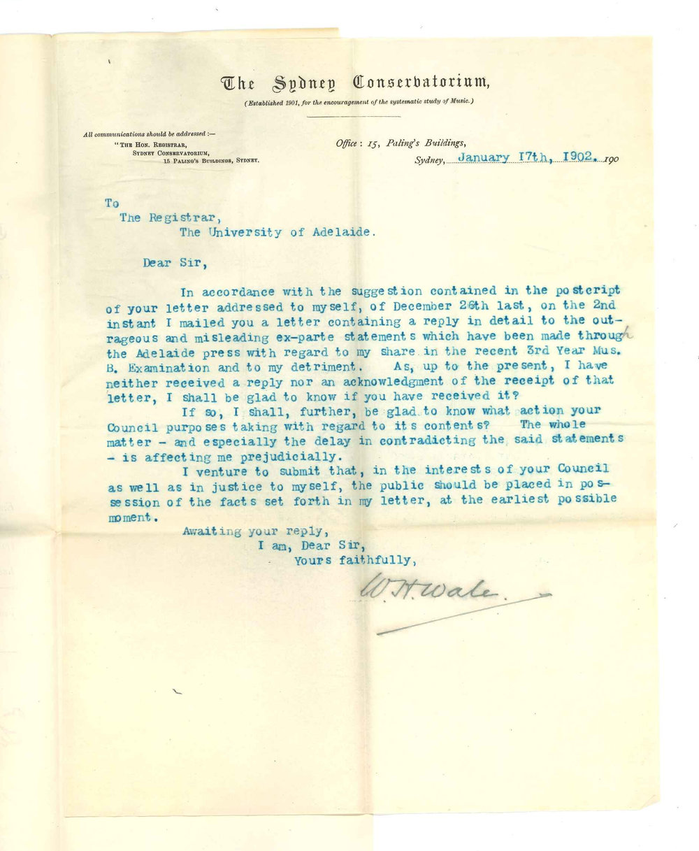 W H Wale - Sydney - Asking what action the Council intend taking with respect to his letter