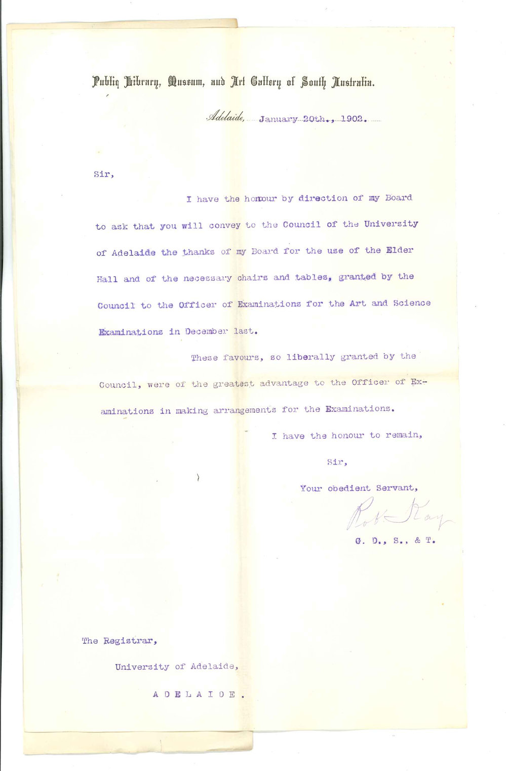 Robert Kay - Public Library Adelaide - Thanking Council for use of Elder Hall for examination purposes