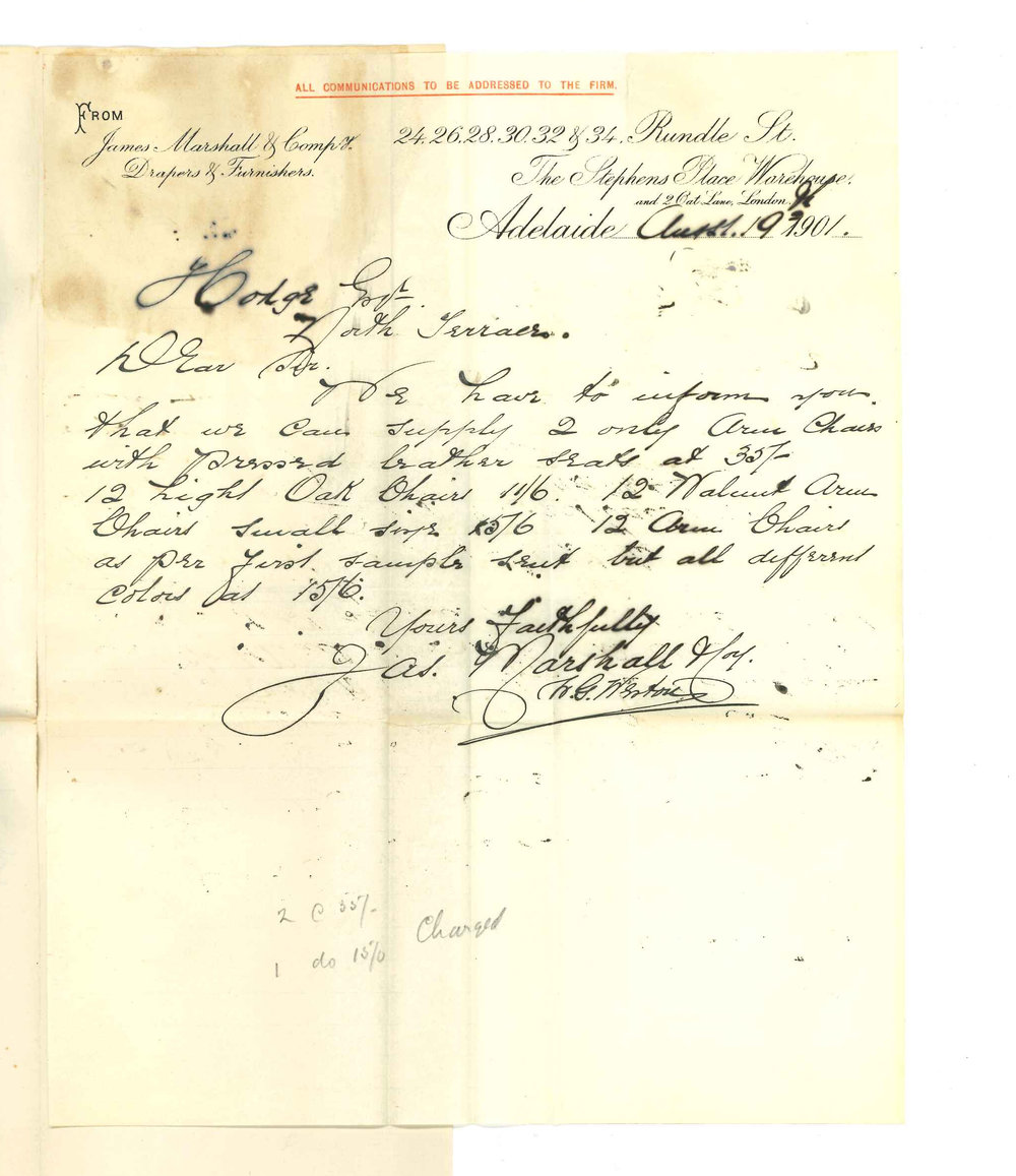James Marshall and Co - Drapers and Furnishers - Adelaide - Submitting prices for chairs