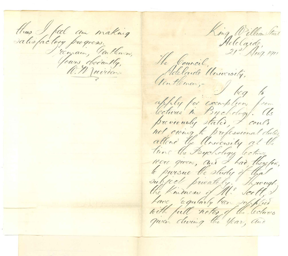 William Muirden - Adelaide - Application for exemption from lectures