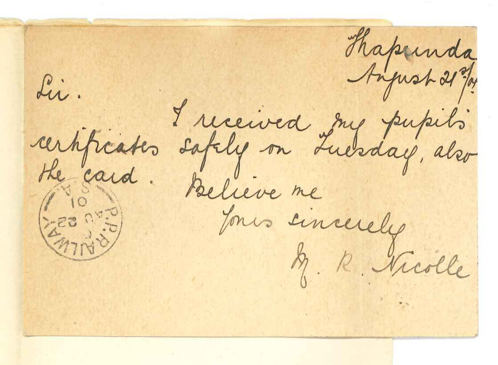 Miss Mabel R Nicolle - Kapunda - Acknowledging receipt of Certificates