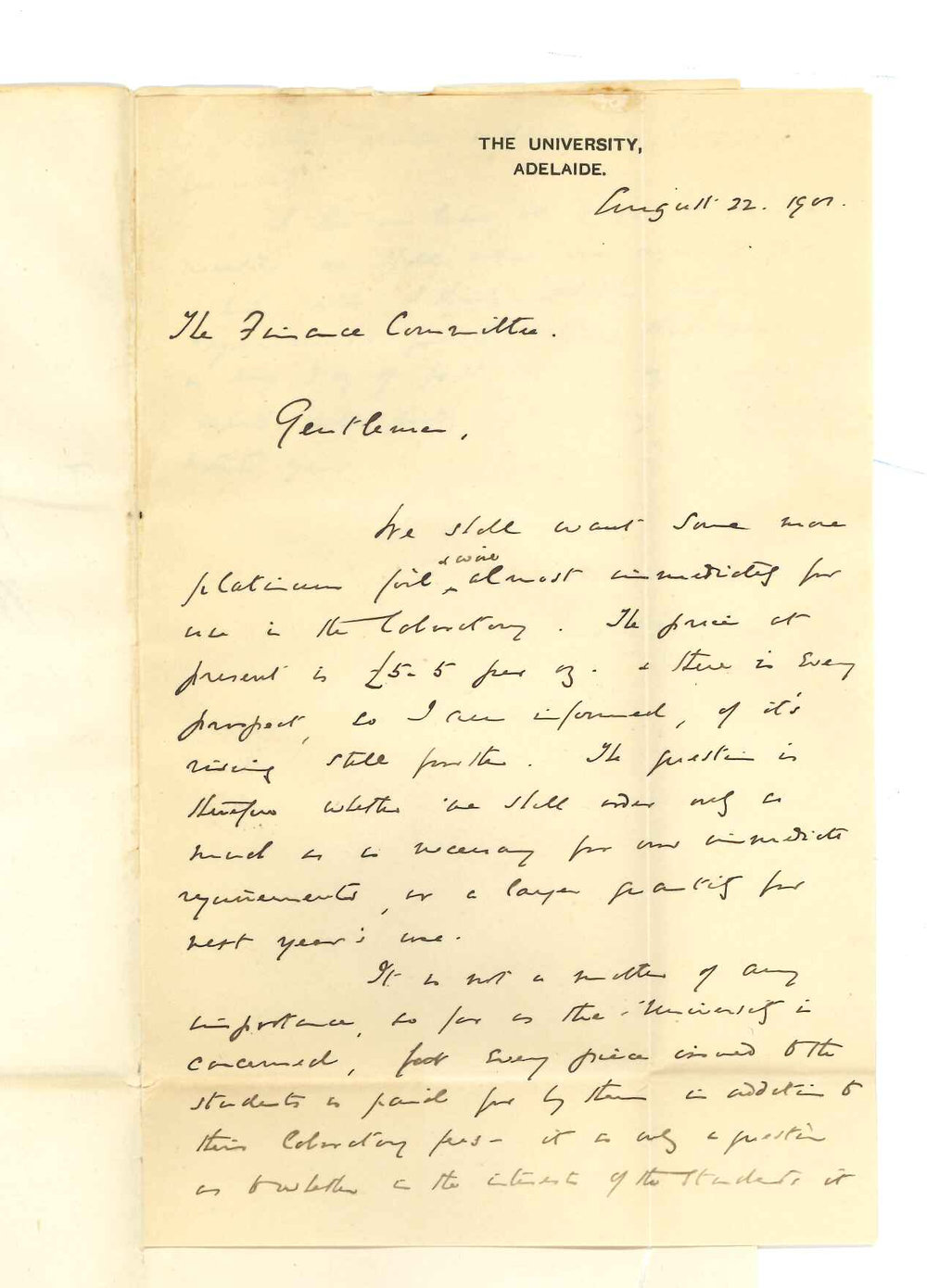 Professor Edward Henry Rennie - The University - Concerning price and ordering platinum foil and wire