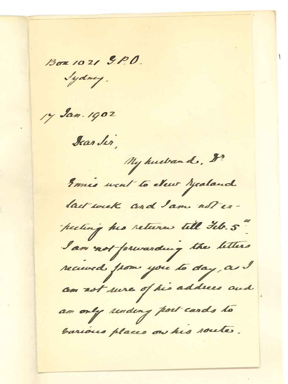 Mrs Janie Ennis - Sydney - Forwarding of letters to Dr Ennis