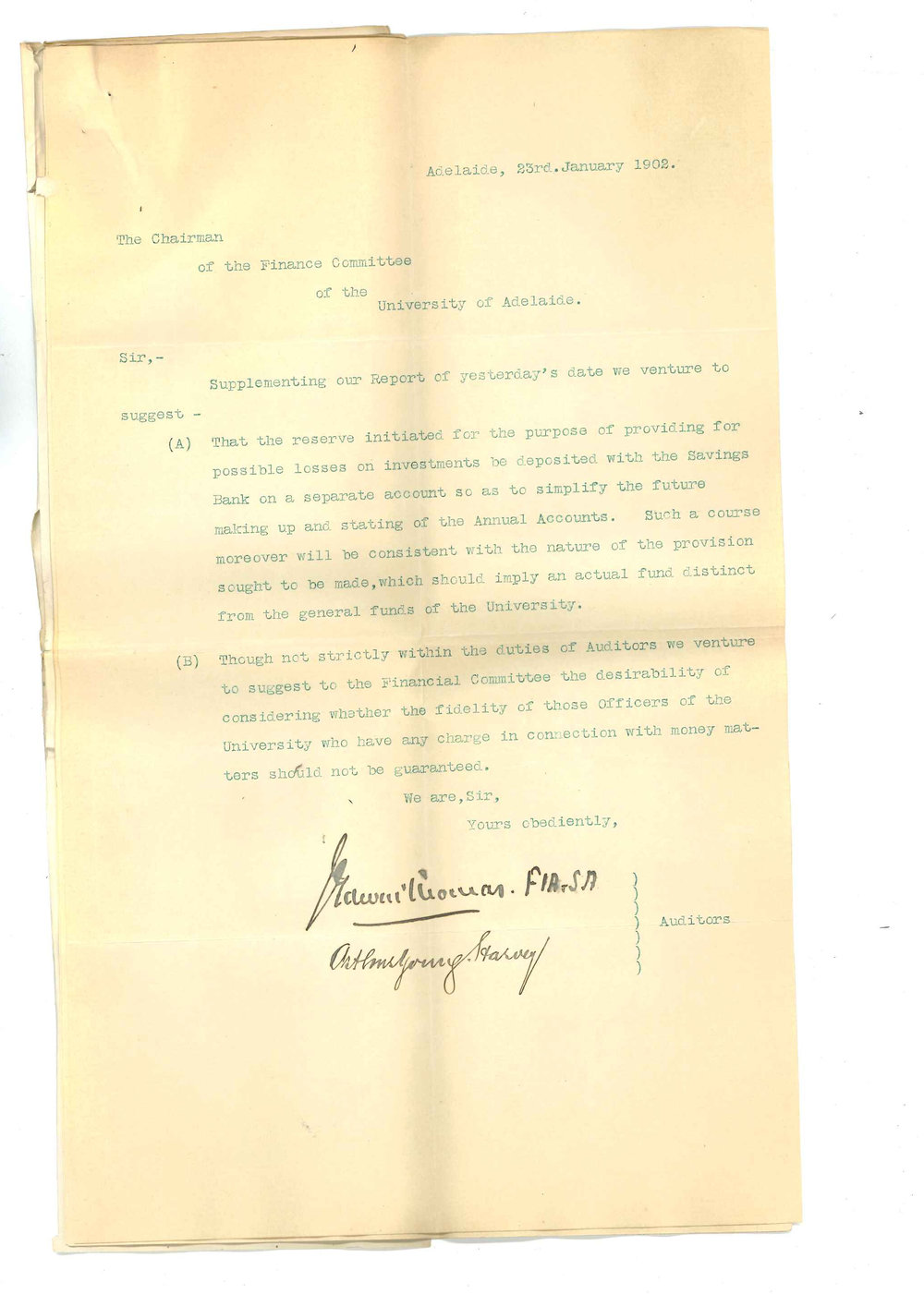 J Edwin Thomas and Arthur George Harvey - Adelaide - Auditors Report for 1901