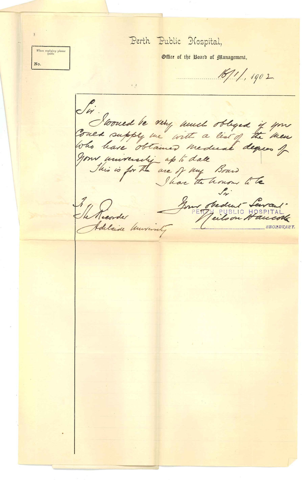 Neilson Hancock - Secretary Perth Public Hospital - Requesting list of those who have taken Medical Degrees at this University
