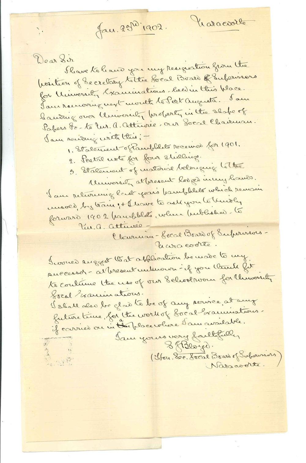 Reverend T J Bloyd - Naracoorte - Forwarding resignation as Local Secretary and Statement for sale of Pamphlets