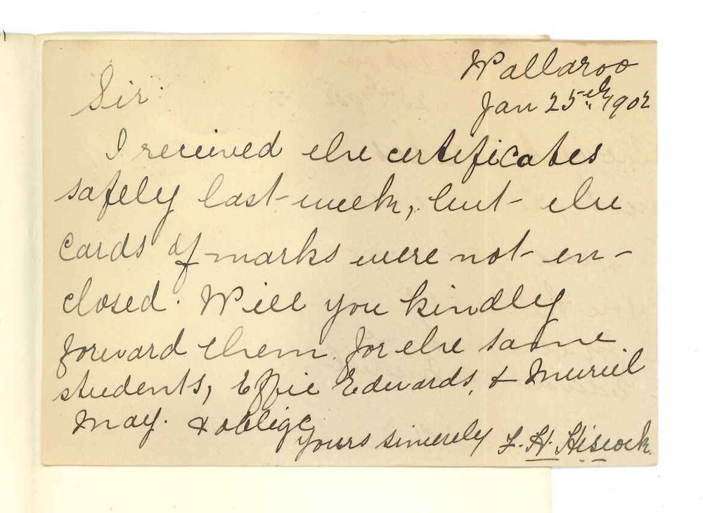 Mrs F H Hiscock - Wallaroo - Acknowledging receipt of Certificates and requesting Cards of Marks