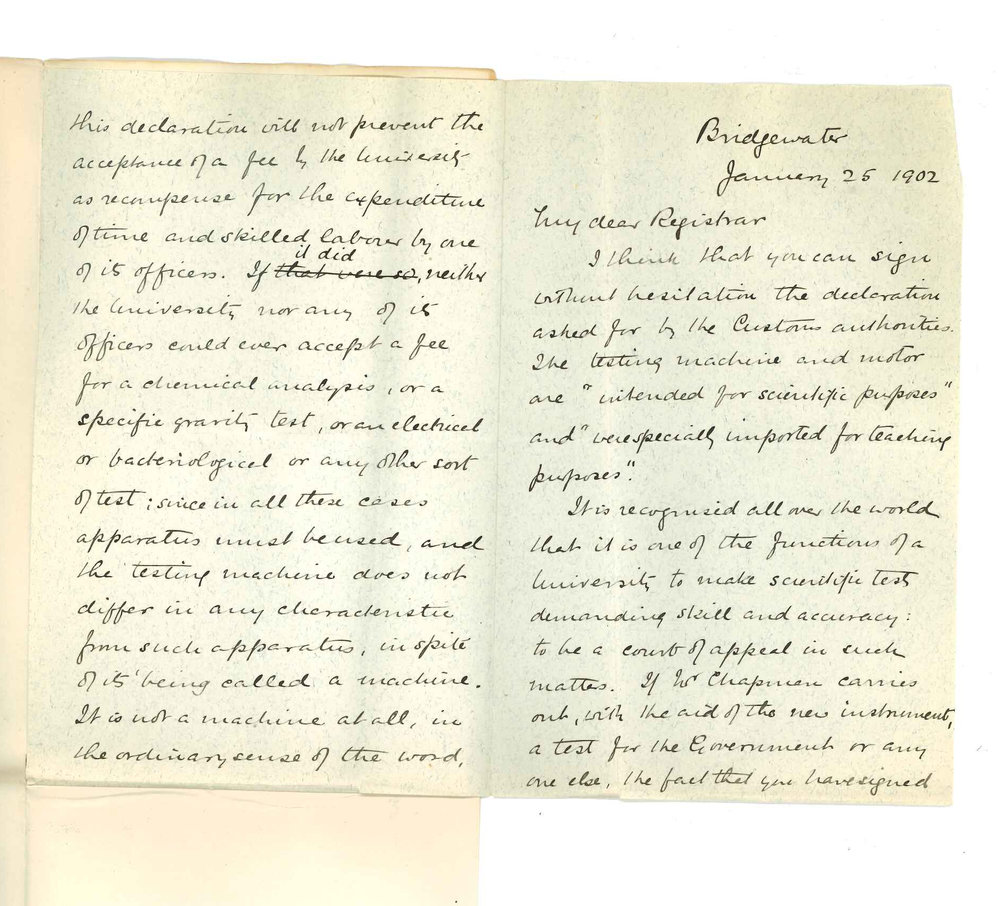 William Henry Bragg - Bridgewater - Stating that Registrar may sign Customs declaration with respect to Motor and Testing Machine