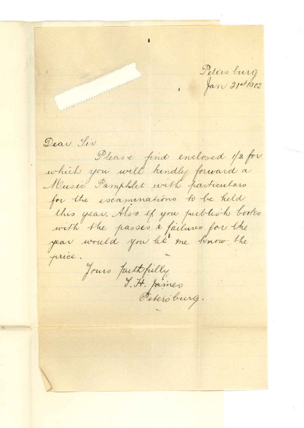 T H James - Petersburg - Requesting Music Pamphlet to be forwarded to him