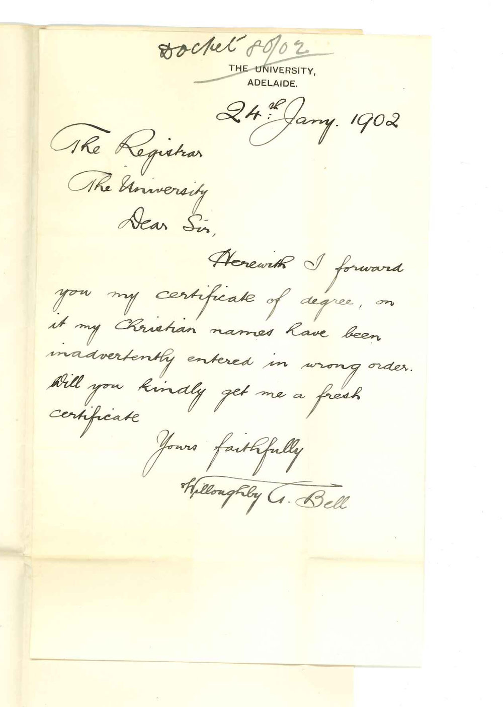 Willoughby G Bell - Adelaide - Requesting a fresh copy of Degree Certificate