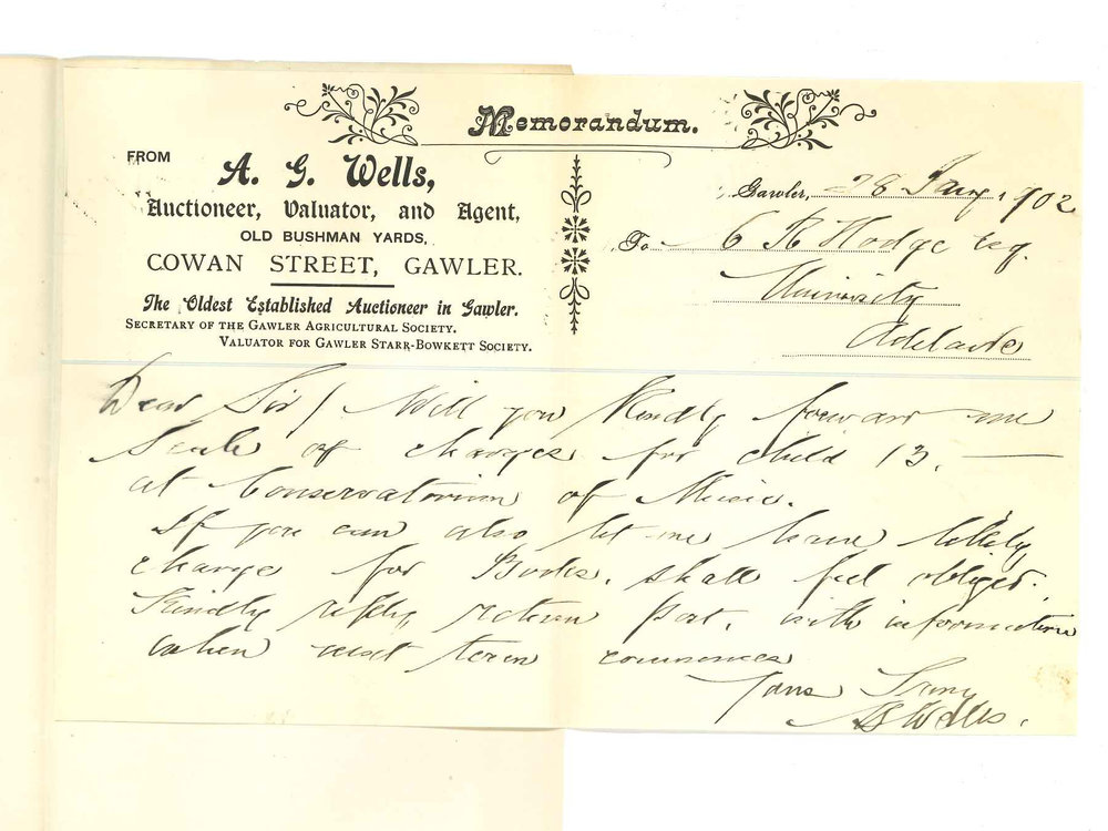 A G Wells - Gawler - Asking for information concerning the Conservatorium of Music