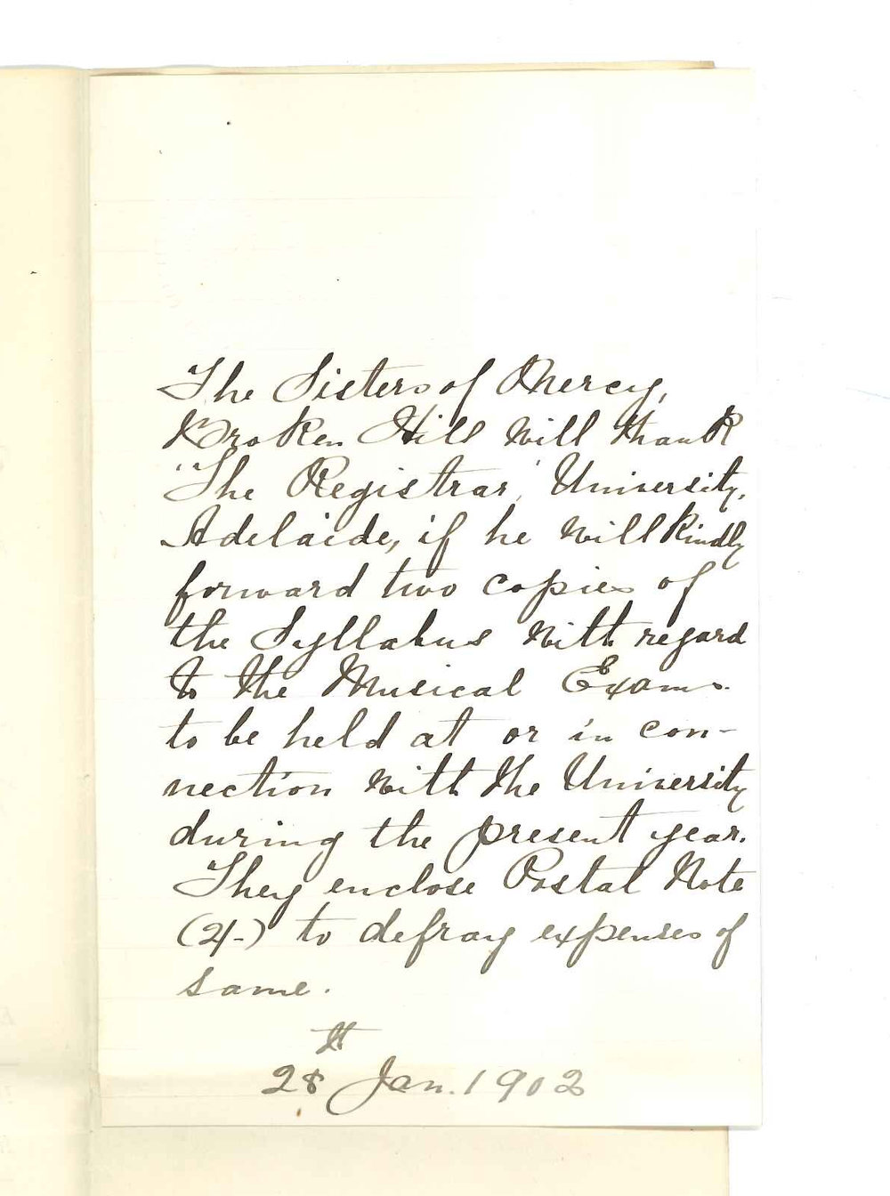 The Sisters of Mercy - Broken Hill - Forwarding amount for Music Pamphlet to be forwarded to them