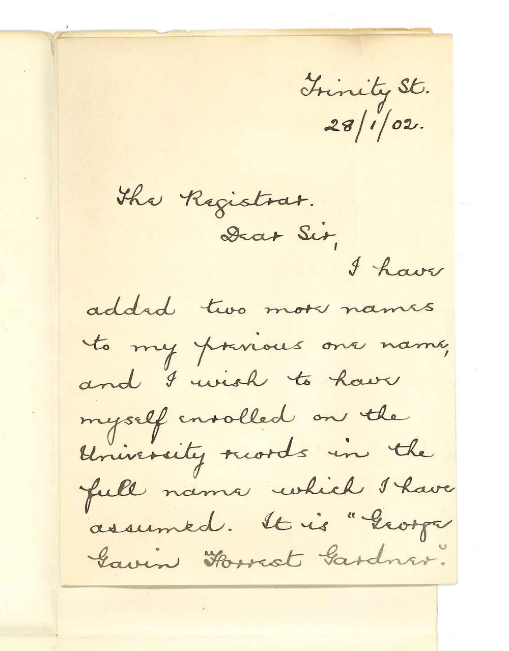 George Gavin Forrester Gardner - College Town - Requesting to be enrolled on University records in full name