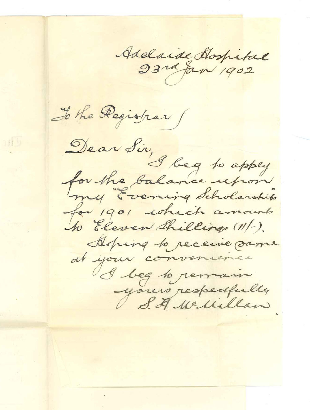 Samuel Herbert McMillan - Adelaide Hospital - Requesting Surplus of Evening Scholarship