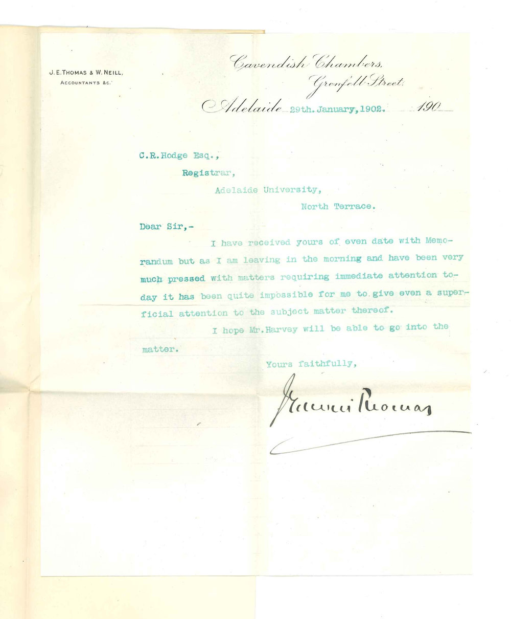J Edwin Thomas - Adelaide - Unable to give attention to letter forwarded on 29th January on account of leaving for England