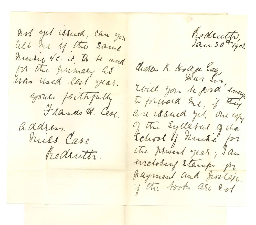 Miss Franes H Cave - Redruth - Asking if Music Pamphlet is published yet and pieces for Primary Music Exam