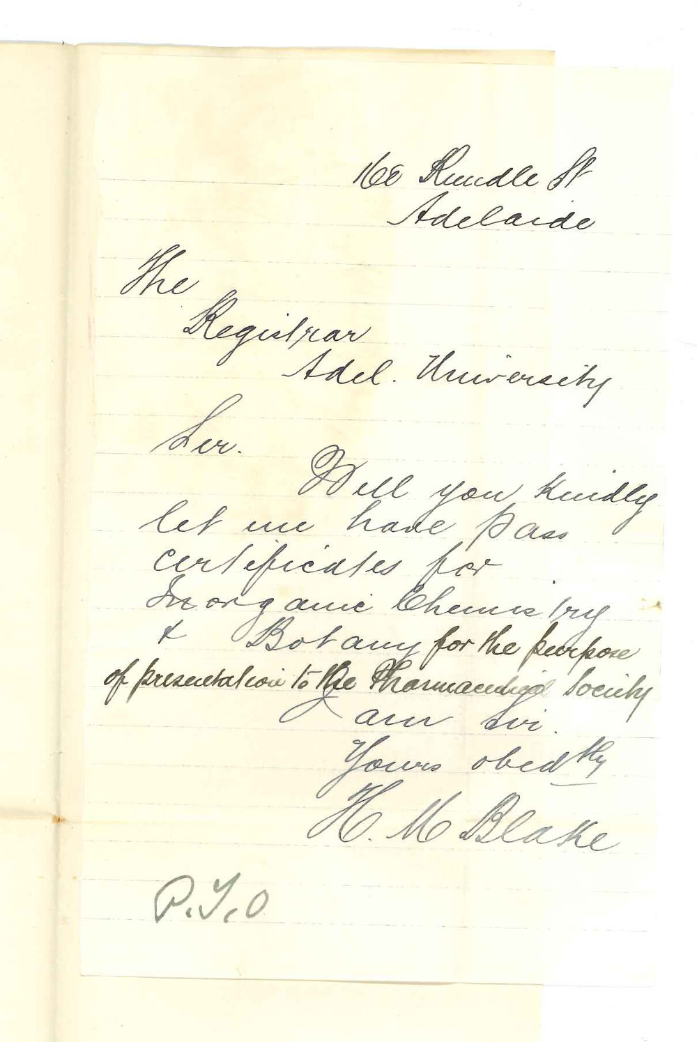 Henry Maurice Blake - Adelaide - Requesting Certificates for passes in Chemistry and Botany