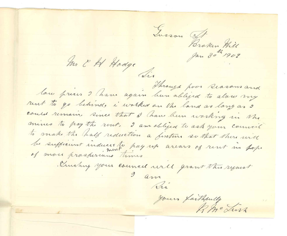 R McLeish - Broken Hill - Concerning arrears of rent