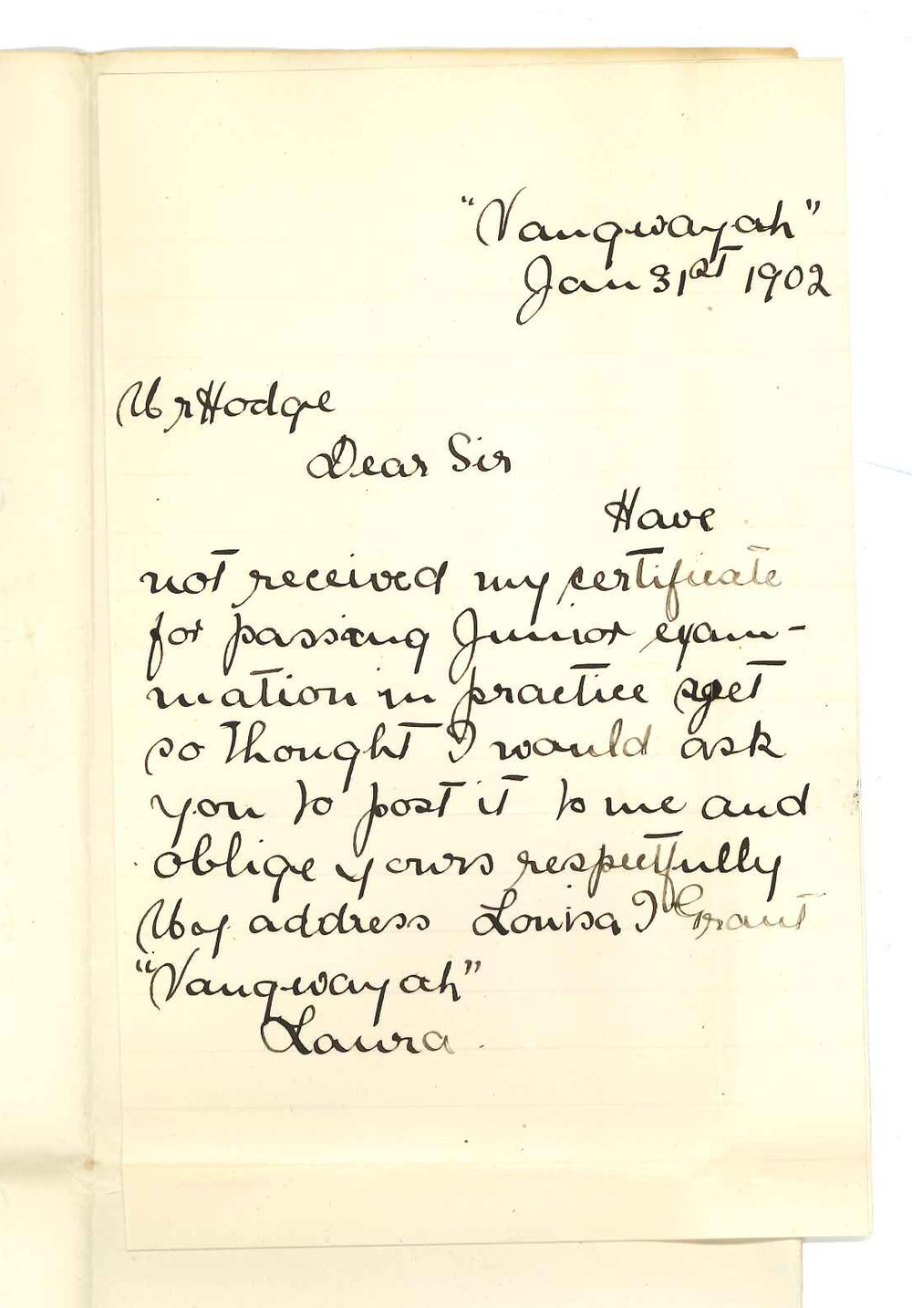 Miss Louisa J Grant - Laura - Requesting Junior Practice of Music Certificate
