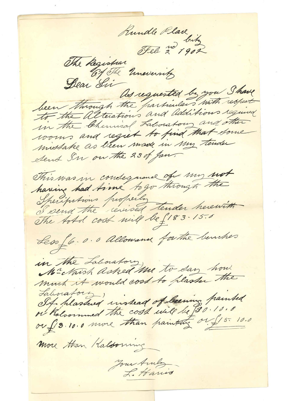 Lewis Harris - Adelaide - Concerning amended Tender