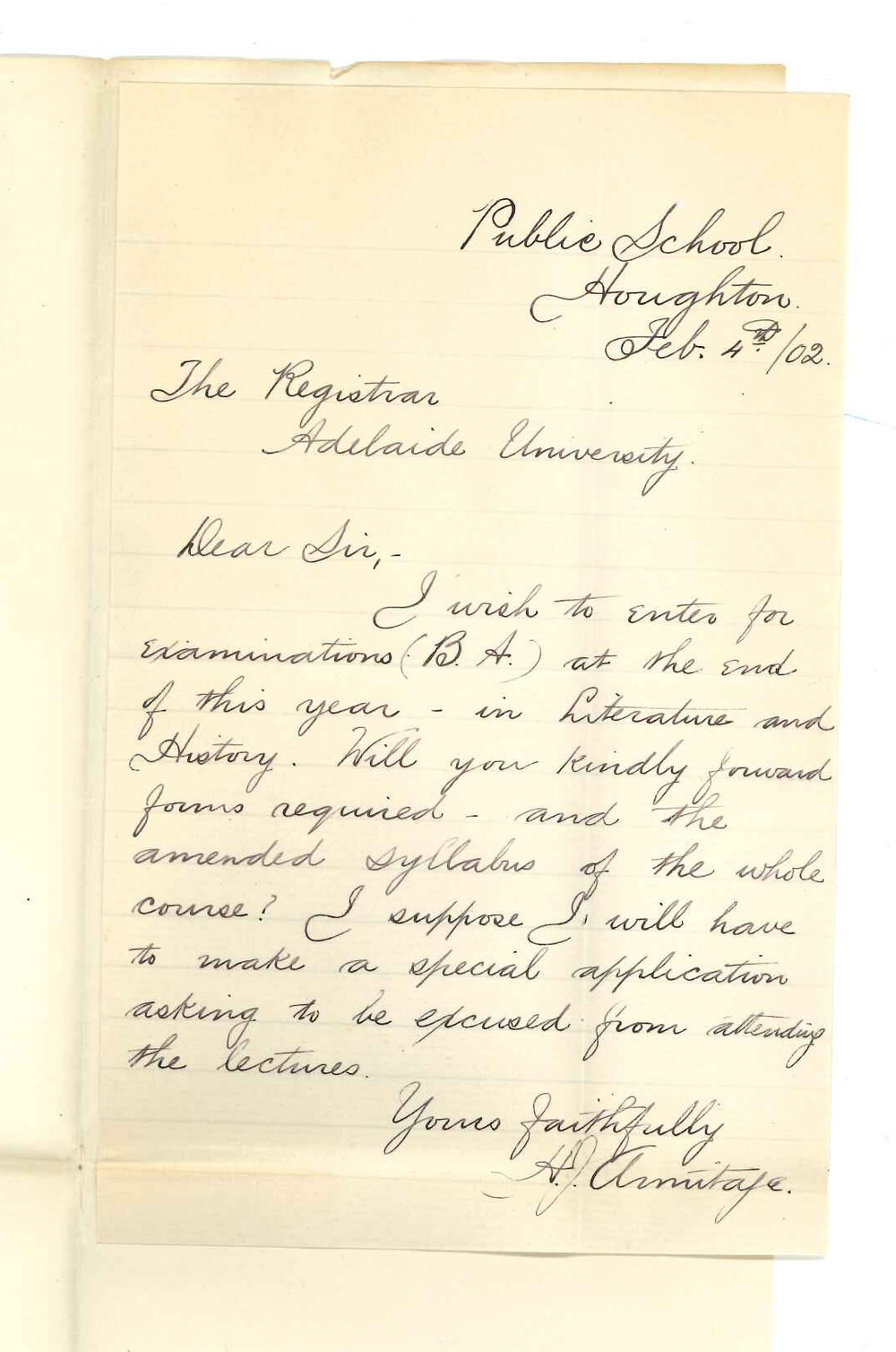 H J Amitage - Houghton - Asking for particulars of English Literature and History Exam