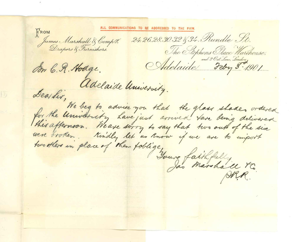 James Marshall and Company - Adelaide - Advising arrival of glass shades and concerning the two broken ones