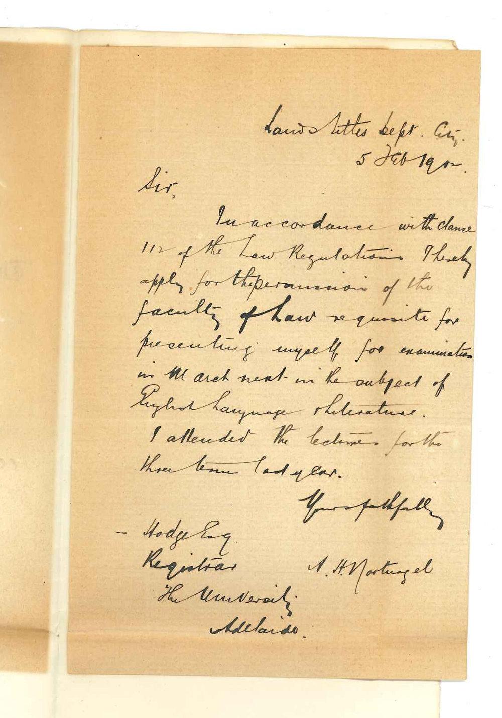 Albert Herman Nootnagel - Adelaide - Asking for Exam in English Language and Literature in March