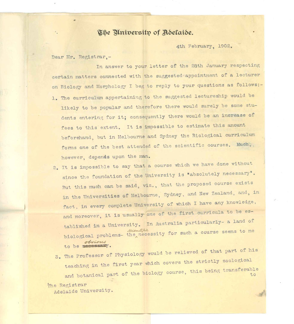 Professor Edward Charles Stirling - The University - Report respecting appointment of Lecturer on Biology and Morphology