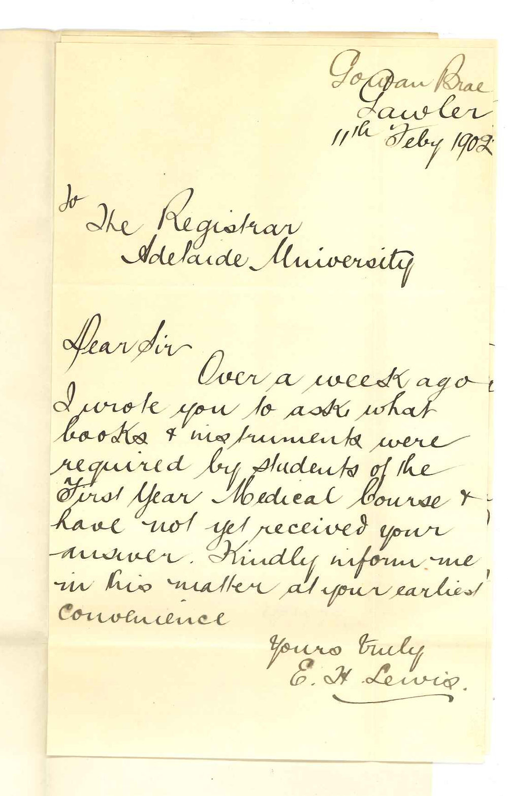 E H Lewis - Gawler - Asking for information concerning First Year of the Medical Course