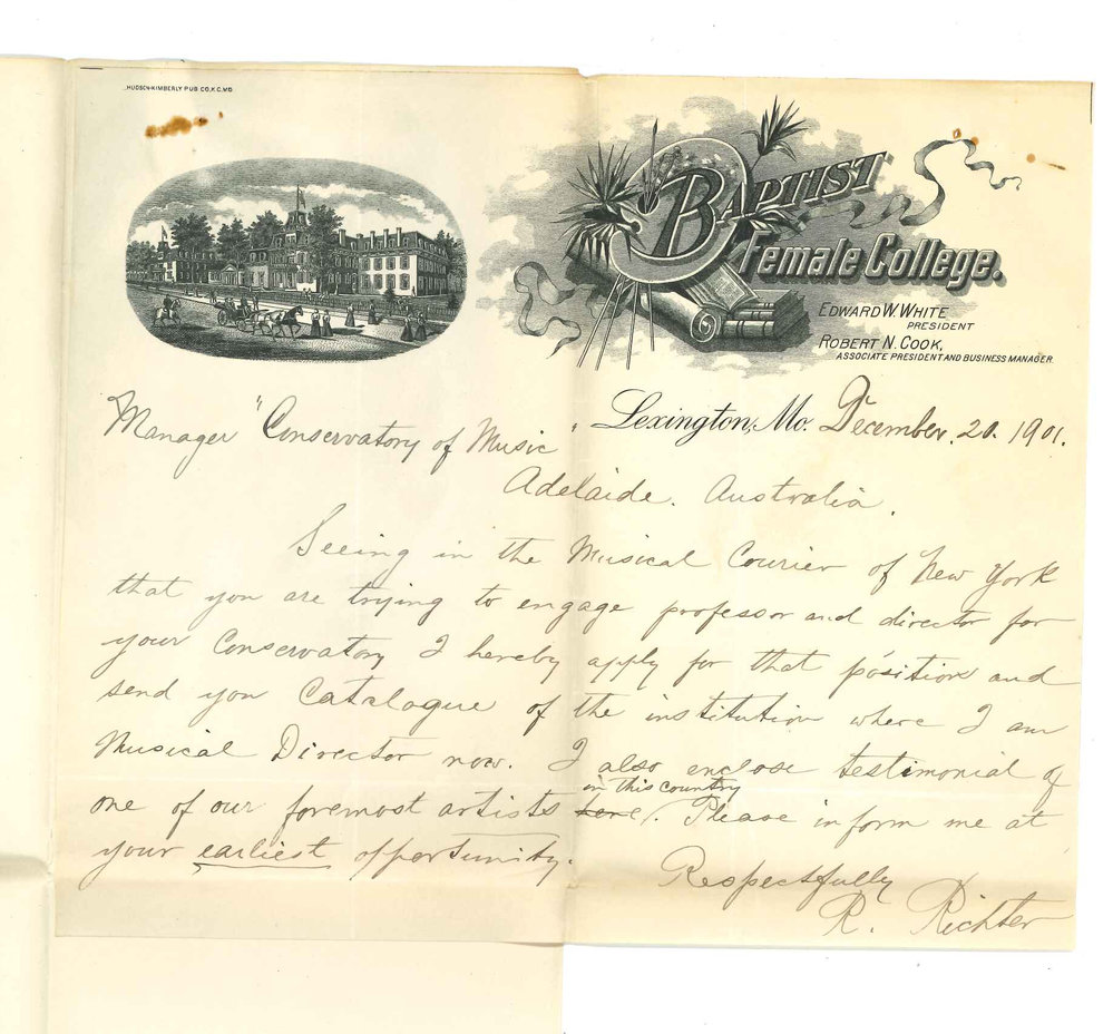 R Richter - Lexington Missouri - Application for Professorship of Music