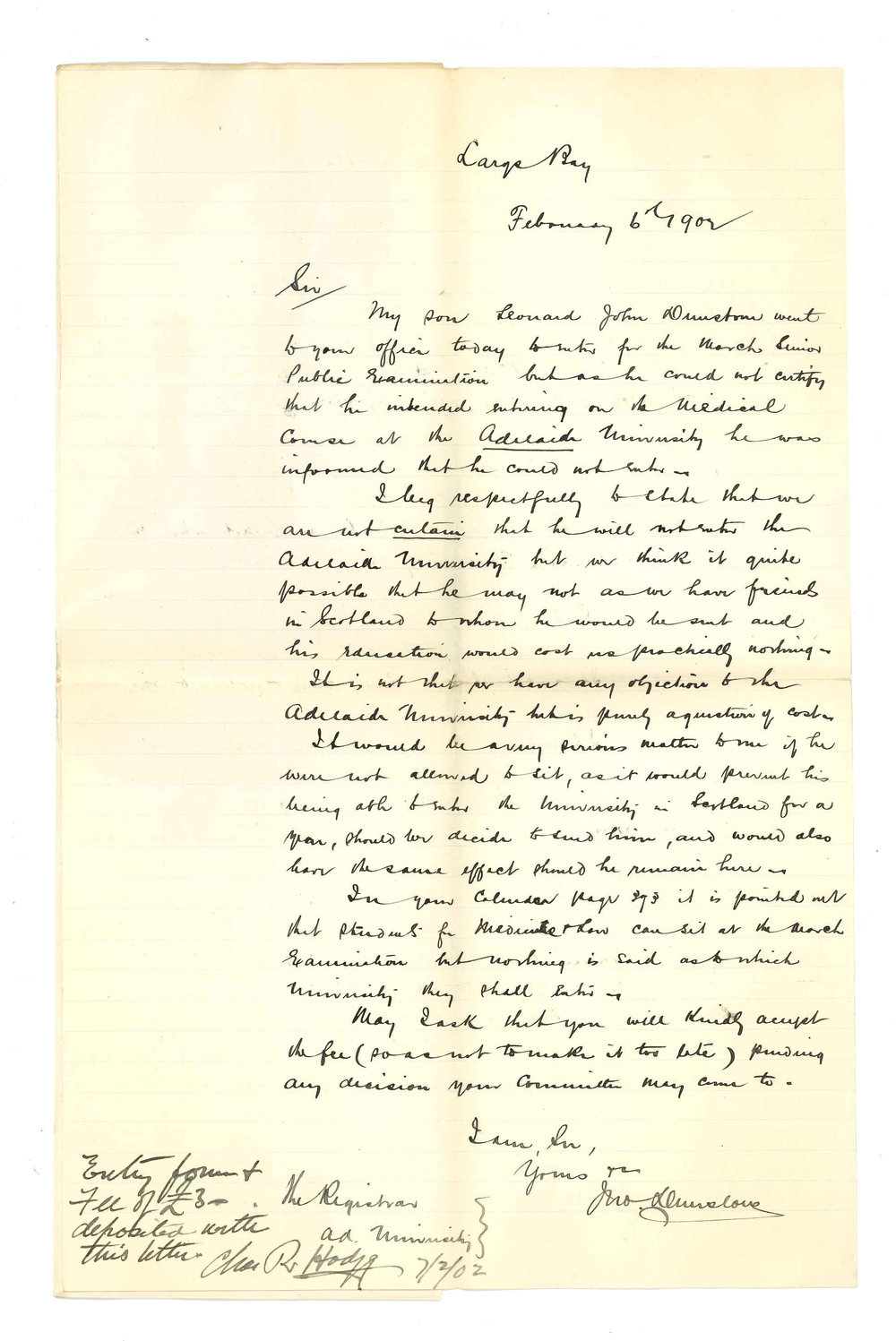 John Dunstone - Largs Bay - Asking if Leonard John Dunstone may sit for Senior Exam in March