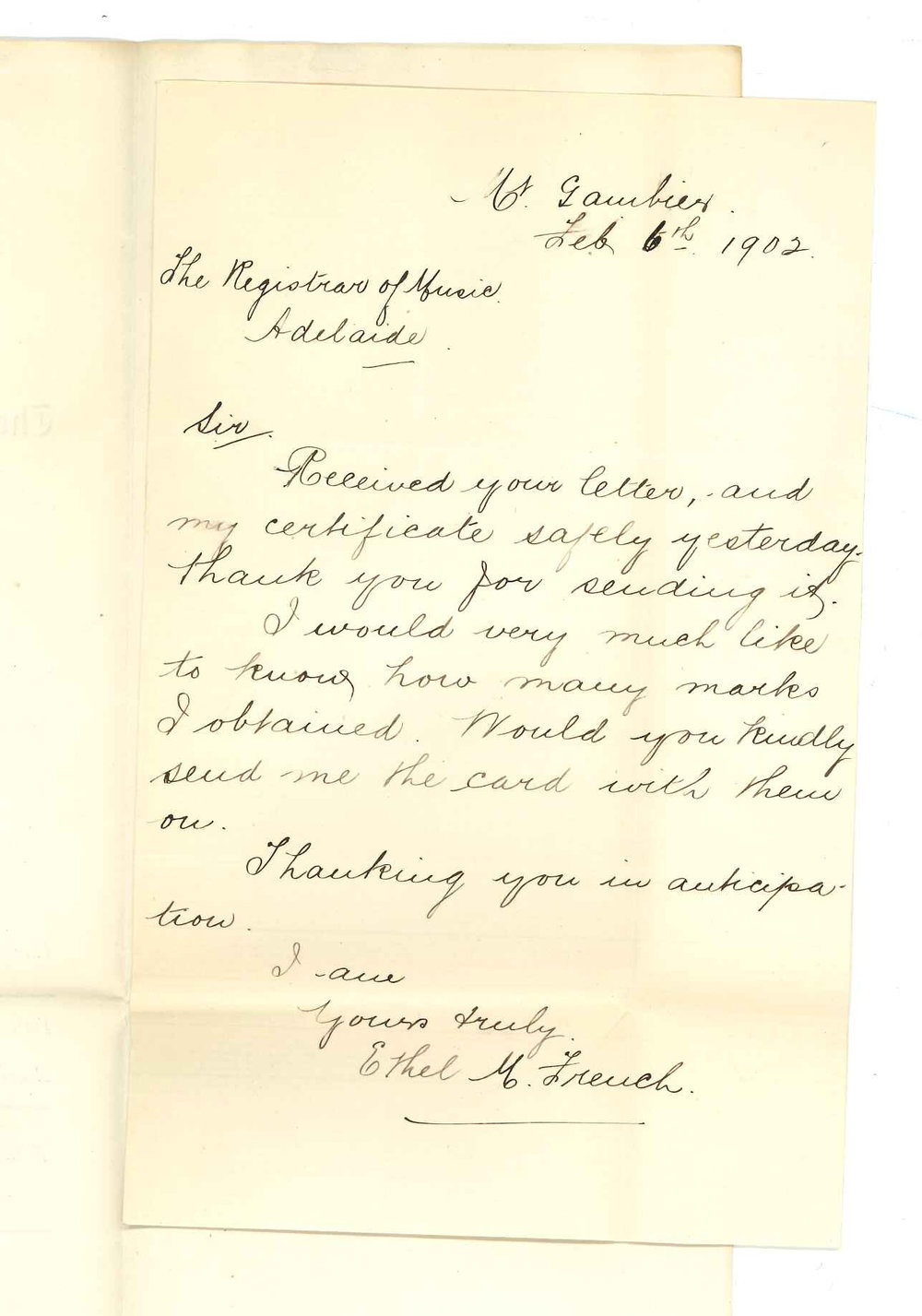 Miss Ethel M French - Mount Gambier - Acknowledging receipt of Certificate and requesting Card of Marks